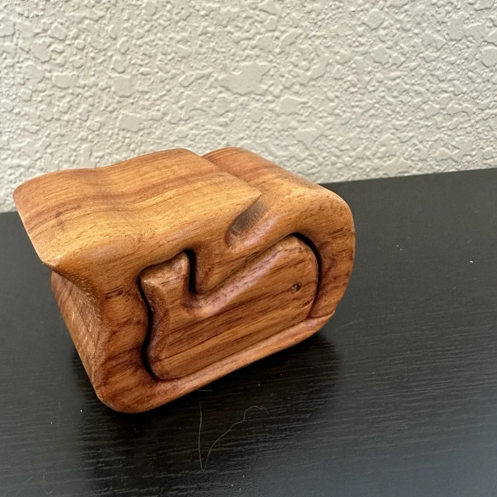 Vintage Whale Carved Trinket Box Redwood Wood MCM Modern Handcrafted Puzzle Box